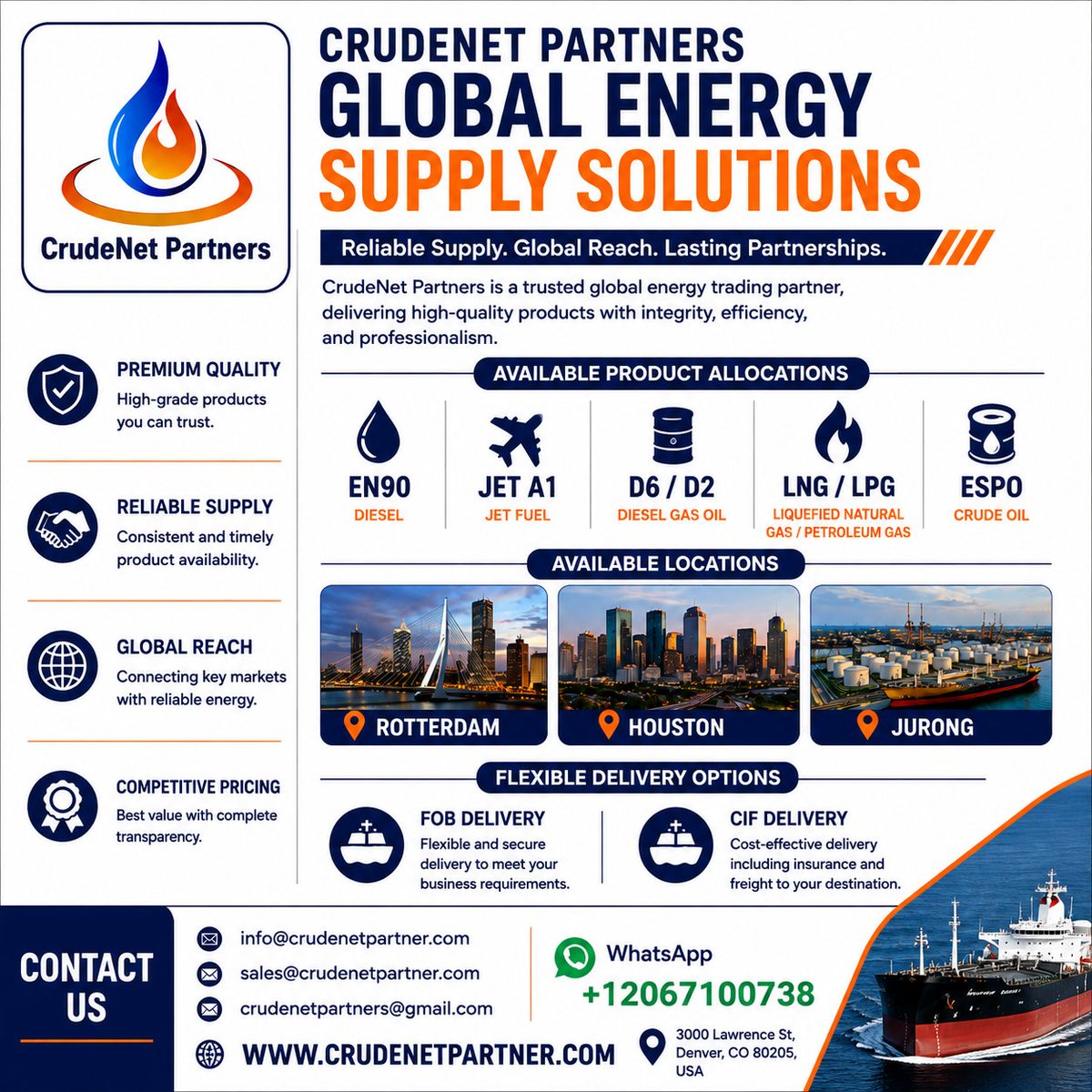 PakhomovJ's tweet photo. Let’s discuss how we can support your operational needs. Reach out to our team today:
📧 Email: info@crudenetpartner.com | sales@crudenetpartner.com WhatsApp: +12067100738
#OilAndGas #EnergySupply #PetroleumTrading #EN590 #JETA1 #D2 #SupplyChain #EnergyMarkets #B2B #GlobalTrade https://t.co/vYeU0tJUPX