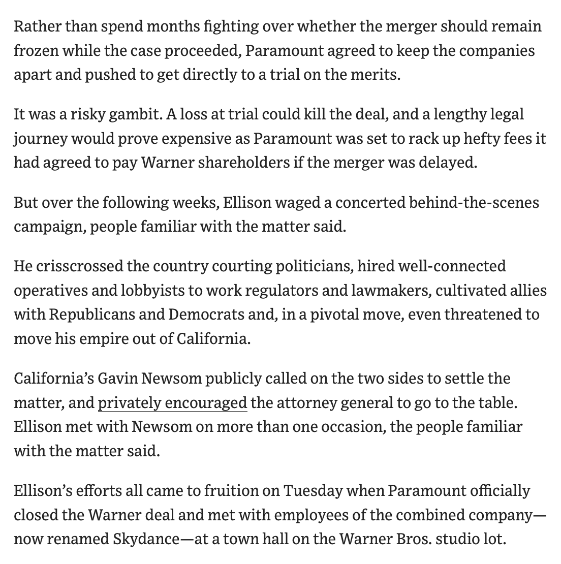 econliberties's tweet photo. David Ellison hired lobbyists and political operatives to help him kill the challenge against his Paramount-Warner Bros. merger. And it worked. 

Following a massive behind the scenes campaign, Newsom sided with Ellison over working Californians and pressured Bonta to drop it. https://t.co/I8wfgP9NG4