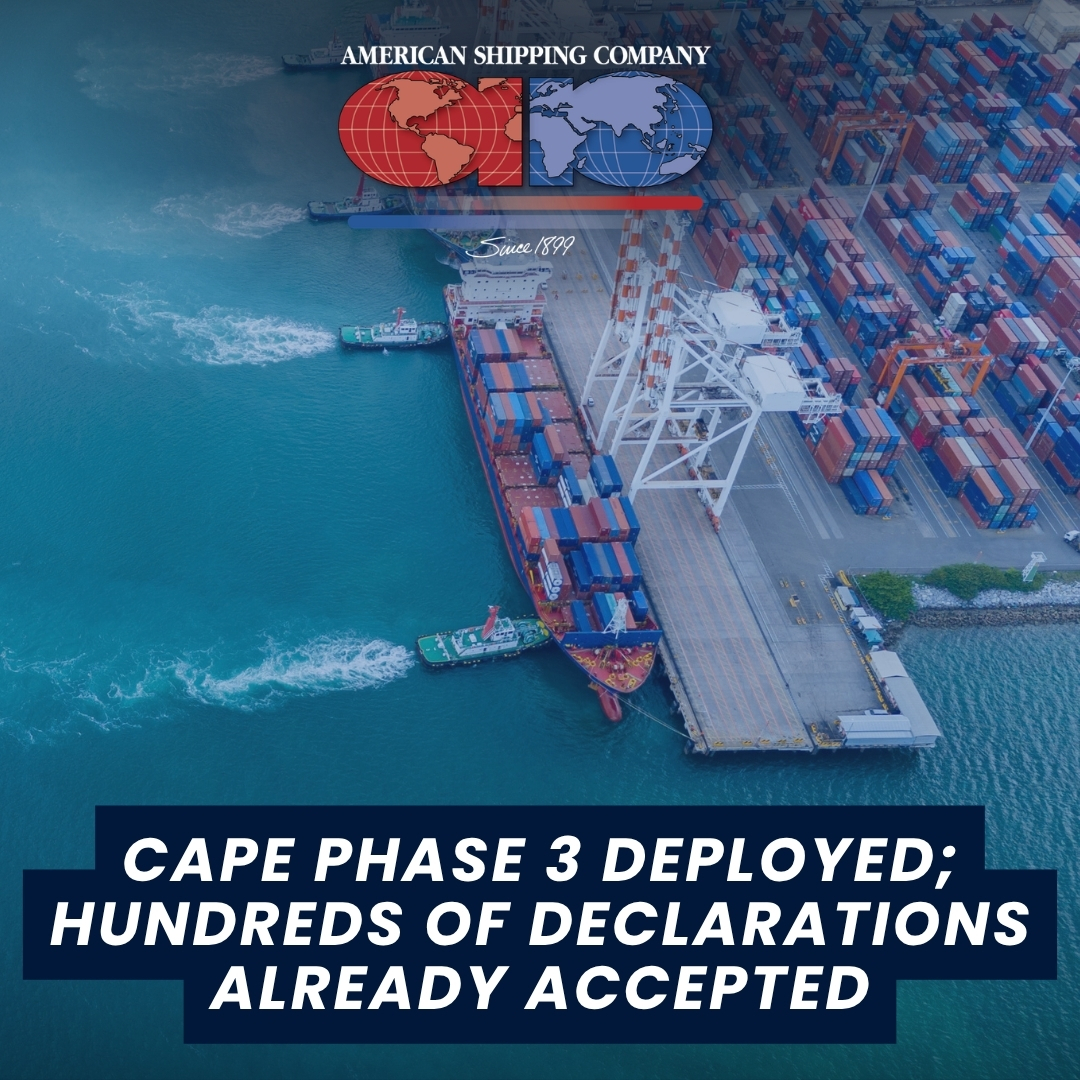 AmericanShipNJ's tweet photo. CAPE Phase 3 is live. If your company is eligible, it’s time to pay attention. As of Oct. 2, over 297K declarations submitted for 27.4M entries, with $136.6B in refunds. Check the details here: https://t.co/XHRjxUfyXL #CAPE #CBP #Customs #InternationalTrade #CustomsCompliance https://t.co/t78dxNtRrk