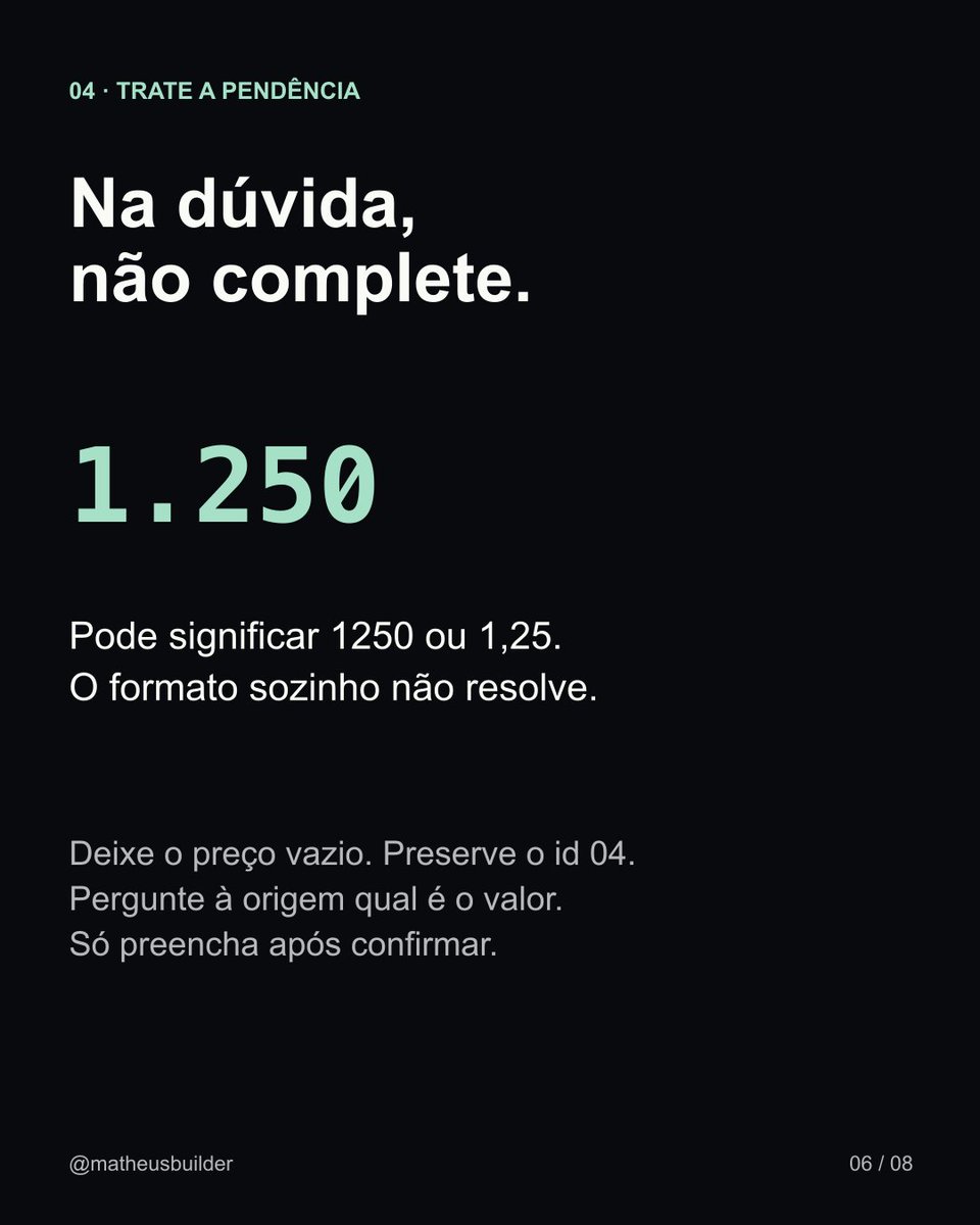 Matheus_Builder's tweet photo. 2/2 Na dúvida, sinalize a pendência. Teste local: 4 linhas preservadas; 3 preços e 1 dúvida. Telas 5–8. Salve.

AI Hub da Mood Solutions: https://t.co/Q1FQXYliVP
Fonte: https://t.co/h0go1dalb9
Foto: Nataliya Vaitkevich/Pexels. https://t.co/uaYjb0JzJN