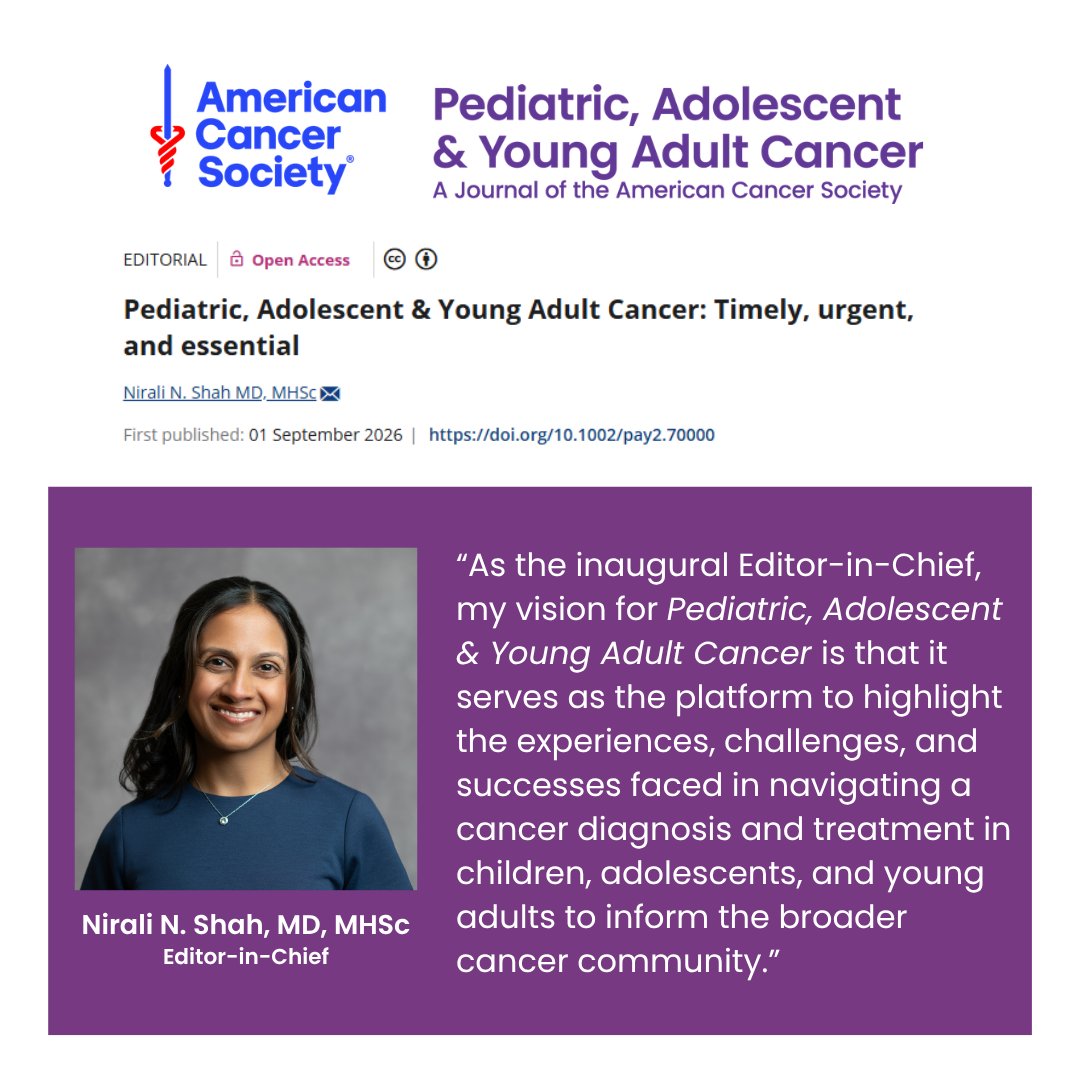 PedAYAJournal's tweet photo. Meet Dr. Nirali Shah, MD, MHSc, @PedAYAJournal Editor-in-Chief, at the Children’s Oncology Group Fall Meeting!
📍Exhibit Hall
🕑 2:30pm - 3:30pm CT
Read Dr. Shah's inaugural editorial: https://t.co/9oEbu3rmIw
#COGFall26 https://t.co/iyZ6JoVVFN