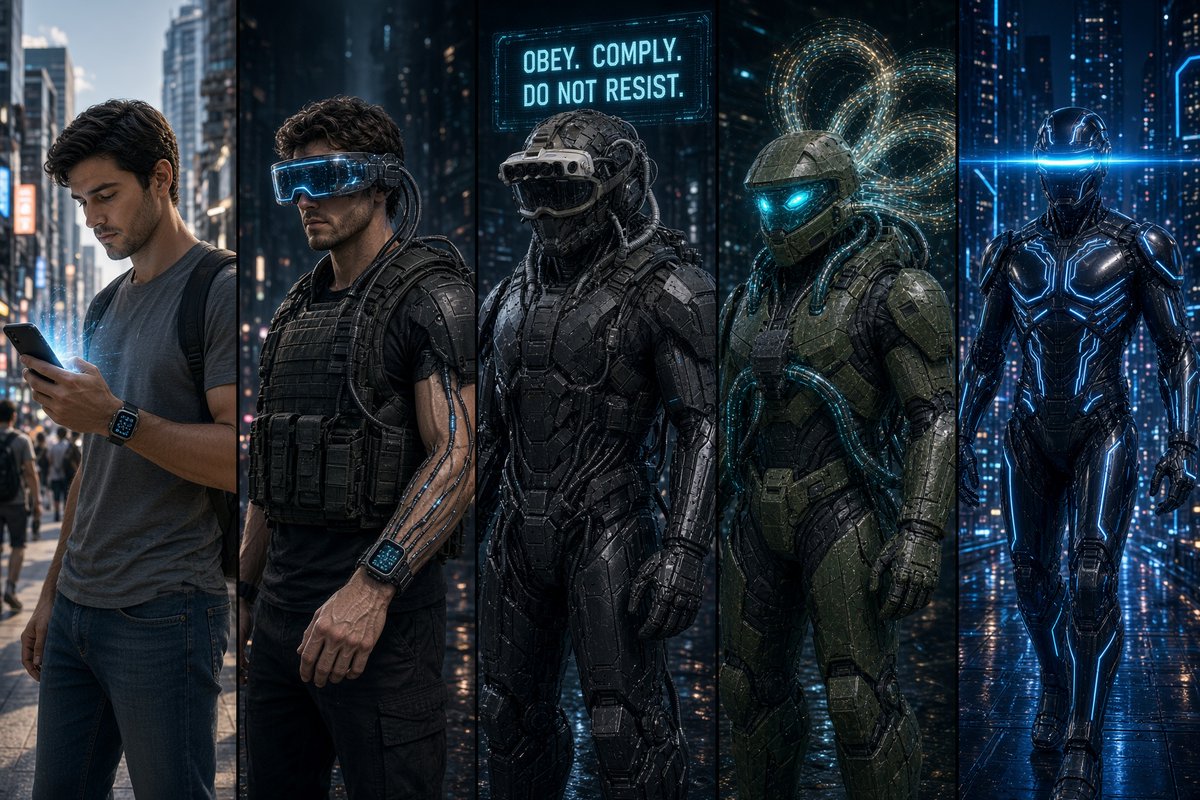 bikesanddrones's tweet photo. OBEY. COMPLY. DO NOT RESIST.
Phone in hand. The feed already chooses your next thought.
Visor on. One arm wired. You still walk. It suggests the route.
Plates close. Orders and steps land together. The want to stop stays private. https://t.co/TJcHmVIxLa