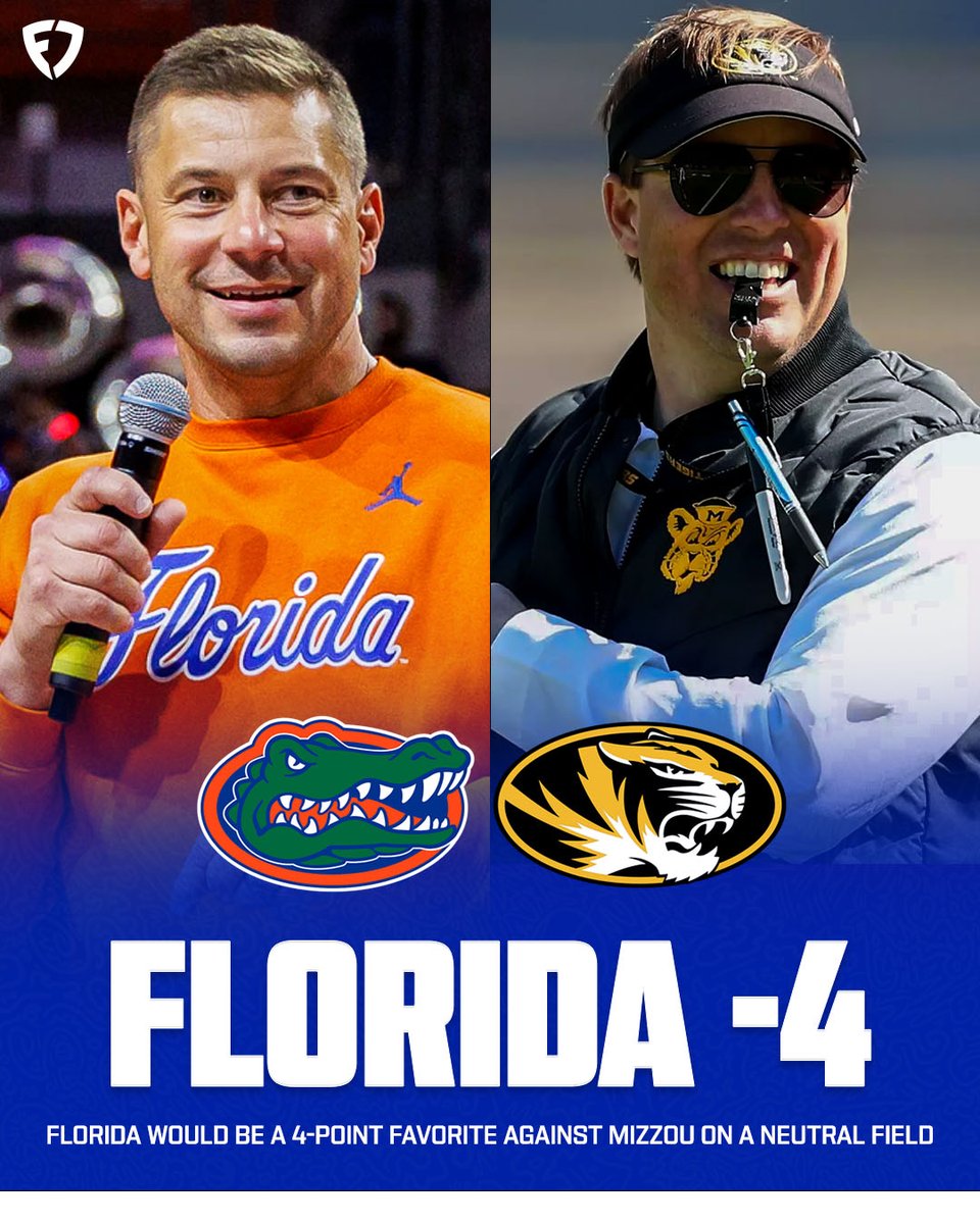 FanDuel's tweet photo. Funny you should ask, @JoshPateCFB 👇

RIGHT NOW, Florida would be a 4-point favorite against Mizzou on a neutral field, despite the Tigers' 45-17 H2H win.

#GoGators | #MIZ https://t.co/ZcpzyL9Xkv