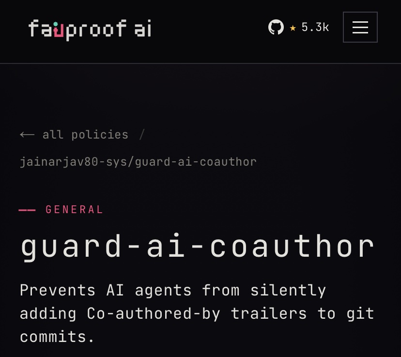 SiddarthAhhaaa's tweet photo. holy fuck i can ban claude from co-authoring EVERYTIME now 😭 

@failproofai policies ftw https://t.co/SHy5FOelmv