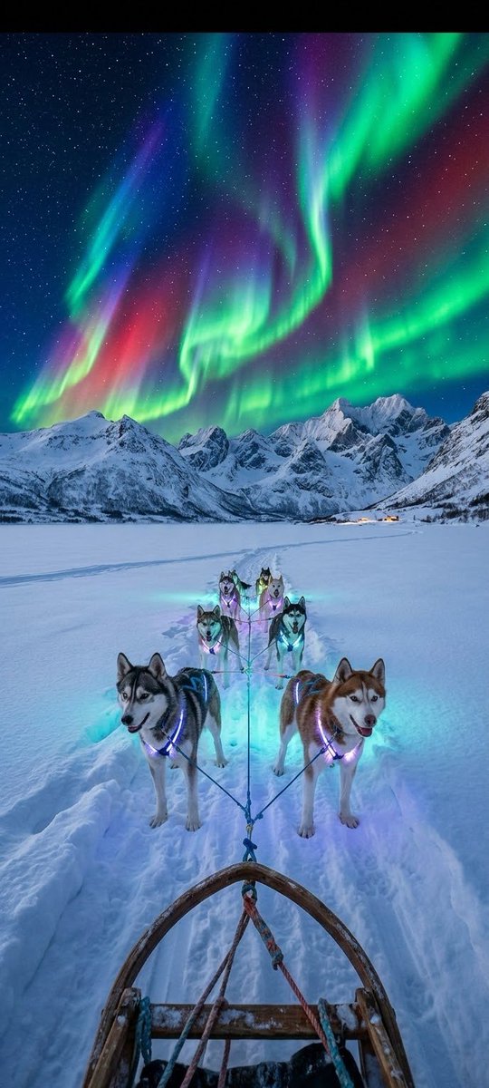 Moodyabstract's tweet photo. Would you spend a night out here under the Northern Lights? 🌌❄️
Pure magic with glowing sled dogs running under the Aurora Borealis. Turn your phone into an Arctic escape! 🐾✨
📲 Bookmark this lock screen &amp; drop your thoughts below!
#SceneryWallpaper #NorthernLights #SledDogs https://t.co/yTTniICvQA