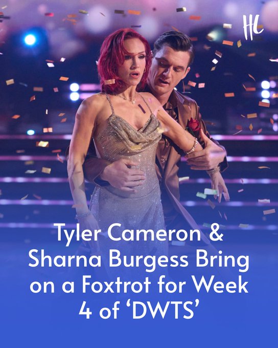 A photo of dancers Tyler Cameron and Sharna Burgess performing on Dancing with the Stars with confetti falling, captioned 'Tyler Cameron & Sharna Burgess Bring on a Foxtrot for Week 4 of 'DWTS''.