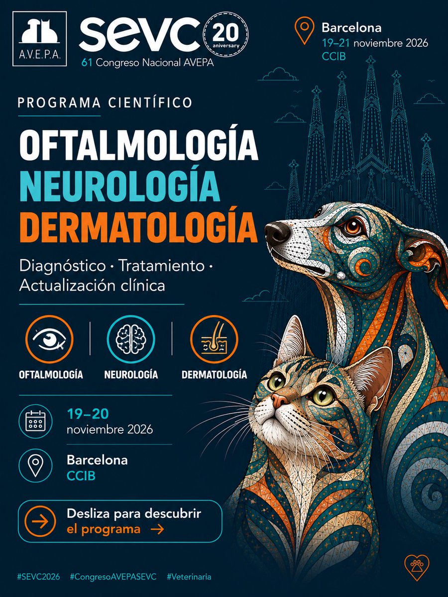 AVEPA_vet's tweet photo. #Oftalmología , #Neurología y #Dermatología en #SEVC2026 .
Actualización clínica, diagnóstico y tratamiento de la mano de especialistas de referencia.
19–21 noviembre | Barcelona · CCIB
Descubre el programa e inscríbete: https://t.co/EvP45170Tv
#CongresoAVEPASEVC #Veterinaria https://t.co/lBzMLEtpFL
