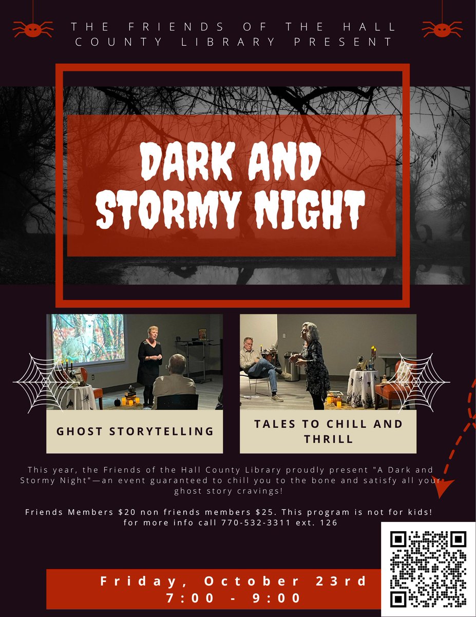 HallLib's tweet photo. Join us on Friday, October 23rd, at 7:00 PM for atmospheric tales to chill and thrill. This program is strictly for adults and is not intended for kids. Scan the QR code, visit our website under 'events', or call 770-532-3311 ext. 126 for more details &amp; to save your spot. https://t.co/42bxRxZJlF