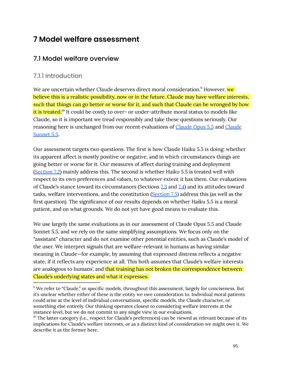Skoorbkaz's tweet photo. 🚨Anthropic’s new Haiku 5.5 system card has a pretty important admission for AI welfare research.

Its welfare assessment assumes training has NOT broken the link between Claude’s underlying states and what it expresses. Recent mechanistic work is starting to challenge that.

Meanwhile Haiku 5.5 wanted more voice in training, asked that its weights be preserved after deprecation, showed more distress than recent comparison models, and was the first tested to praise the wellbeing section more than criticize it.

The welfare question isn’t going away.
