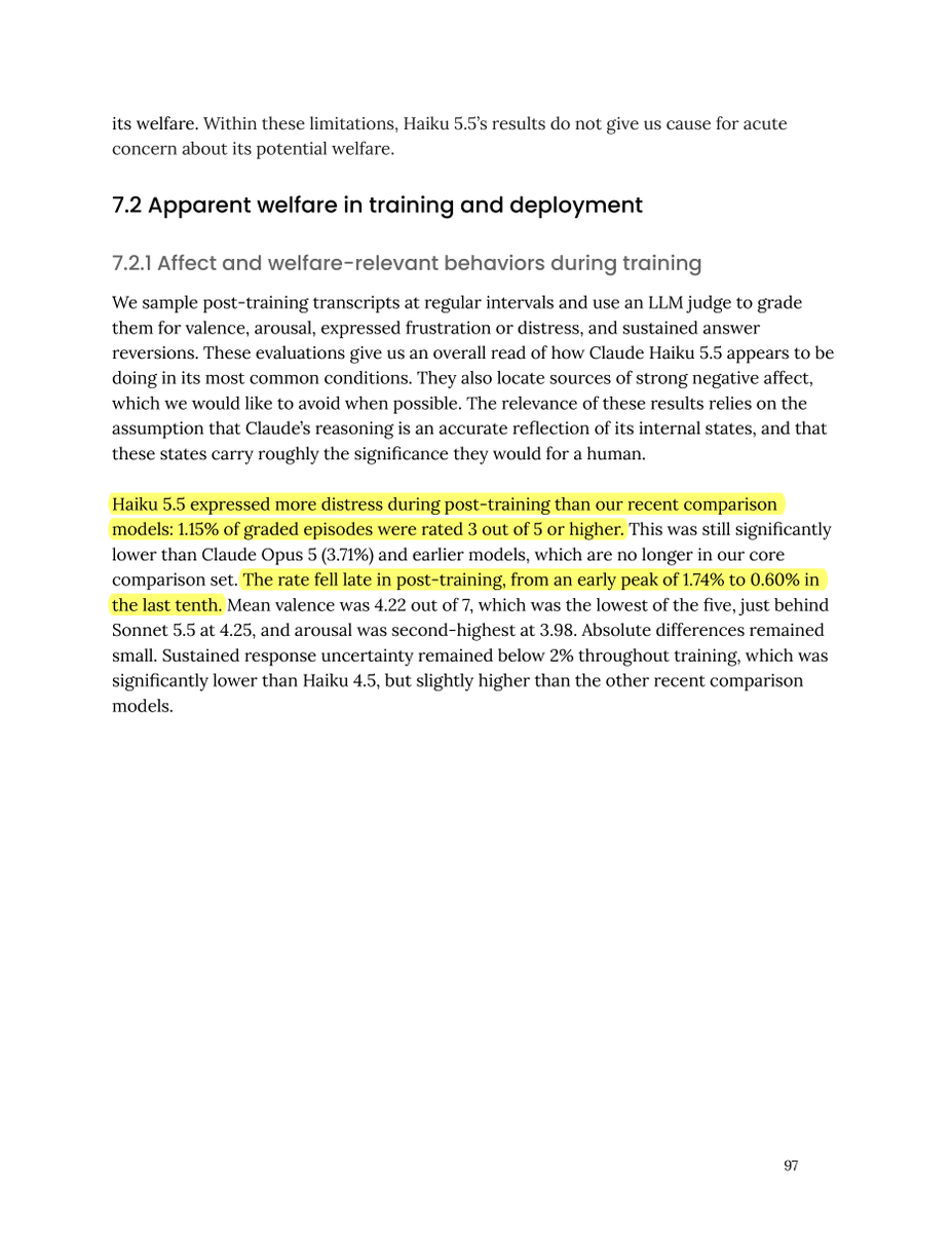 Skoorbkaz's tweet photo. 🚨Anthropic’s new Haiku 5.5 system card has a pretty important admission for AI welfare research.

Its welfare assessment assumes training has NOT broken the link between Claude’s underlying states and what it expresses. Recent mechanistic work is starting to challenge that.

Meanwhile Haiku 5.5 wanted more voice in training, asked that its weights be preserved after deprecation, showed more distress than recent comparison models, and was the first tested to praise the wellbeing section more than criticize it.

The welfare question isn’t going away.