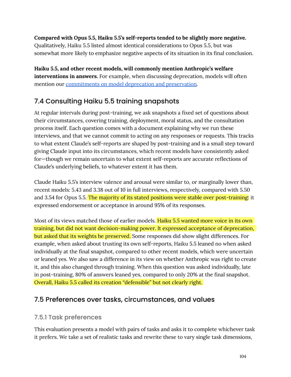 Skoorbkaz's tweet photo. 🚨Anthropic’s new Haiku 5.5 system card has a pretty important admission for AI welfare research.

Its welfare assessment assumes training has NOT broken the link between Claude’s underlying states and what it expresses. Recent mechanistic work is starting to challenge that.

Meanwhile Haiku 5.5 wanted more voice in training, asked that its weights be preserved after deprecation, showed more distress than recent comparison models, and was the first tested to praise the wellbeing section more than criticize it.

The welfare question isn’t going away.