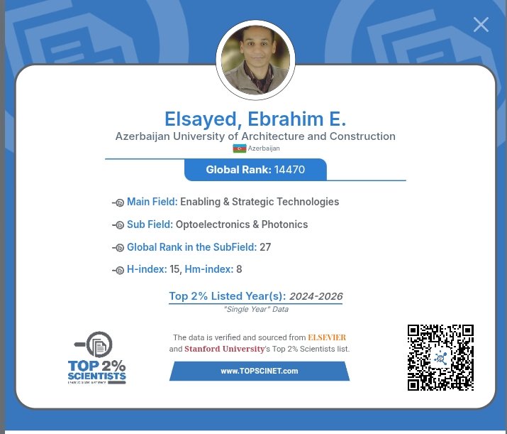 engebrahem16's tweet photo. Alhamdulillah! 

I am delighted to share that I have been ranked among the World's Top 2% Scientists by Stanford University and Elsevier for three consecutive years (2024, 2025, 2026).

I have also achieved World Rank #27 in the field of Optoelectronics and Photonics. https://t.co/Rvdrqe9ufi