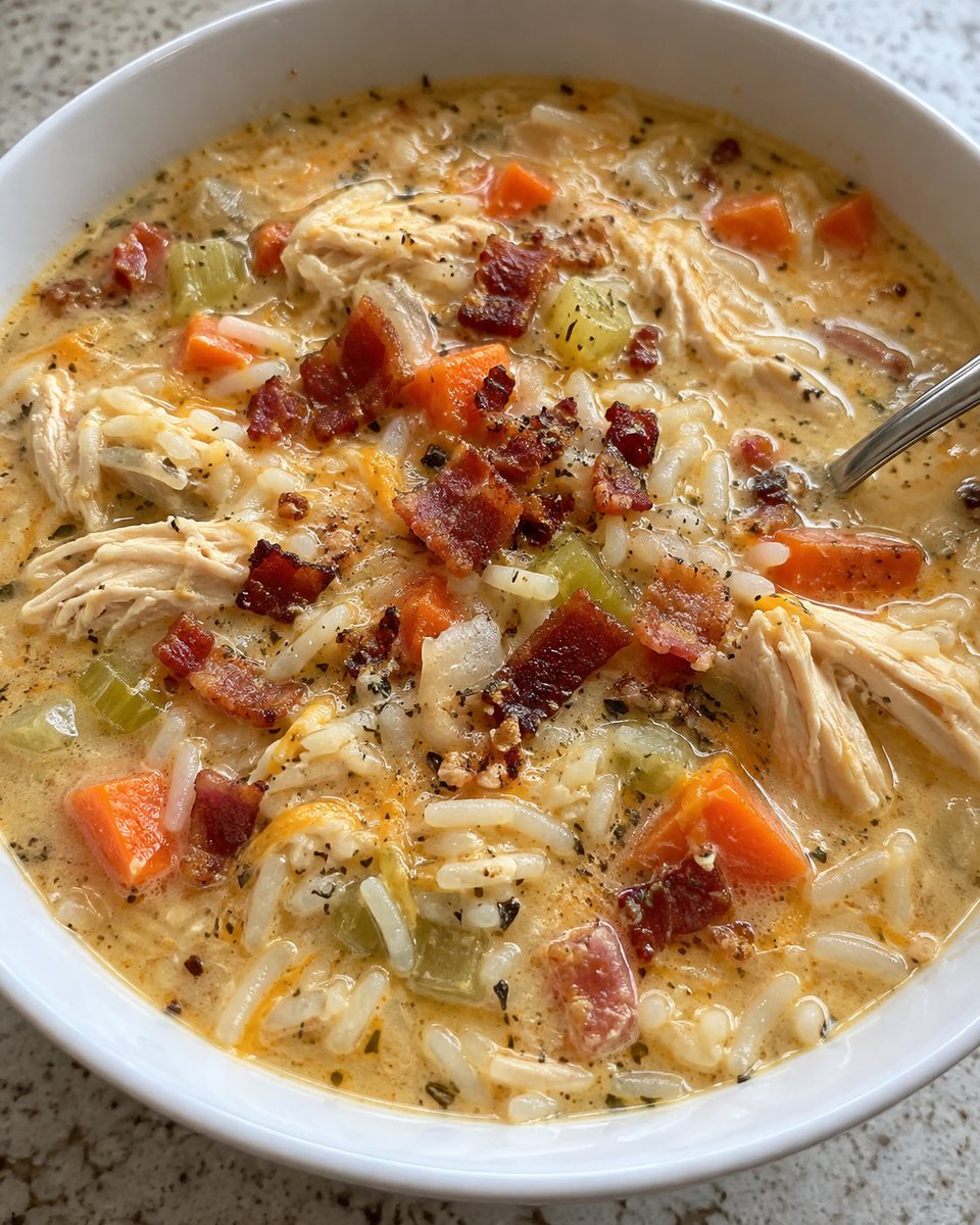 Cheflorarecipes's tweet photo. Creamy Crack Chicken & Rice Soup

Ingredients:

• 2 tbsp butter
• 1 medium yellow onion, diced
• 2 celery ribs, diced
• 2 large carrots, diced
• 2 tsp minced garlic
• 8 cups chicken broth
• 1 oz dry ranch seasoning
• ½ tsp black pepper
• 1 cup uncooked long-grain white rice
• 2 cups cooked shredded chicken
• 8 oz cream cheese, softened and cubed
• 1 cup shredded cheddar
• 1 cup cooked bacon, chopped

Instructions:

Melt butter in a large pot over medium-high heat. Add onion, celery, and carrots. Cook for about 5 minutes until softened. Stir in garlic and cook for 1 minute.
Add chicken broth, ranch seasoning, and black pepper. Stir and bring to a boil.
Stir in rice, reduce heat, and simmer for 20–25 minutes until tender.
Add chicken, cream cheese, cheddar, and bacon. Cook, stirring, until the cheeses melt and the chicken is heated through. Serve warm!