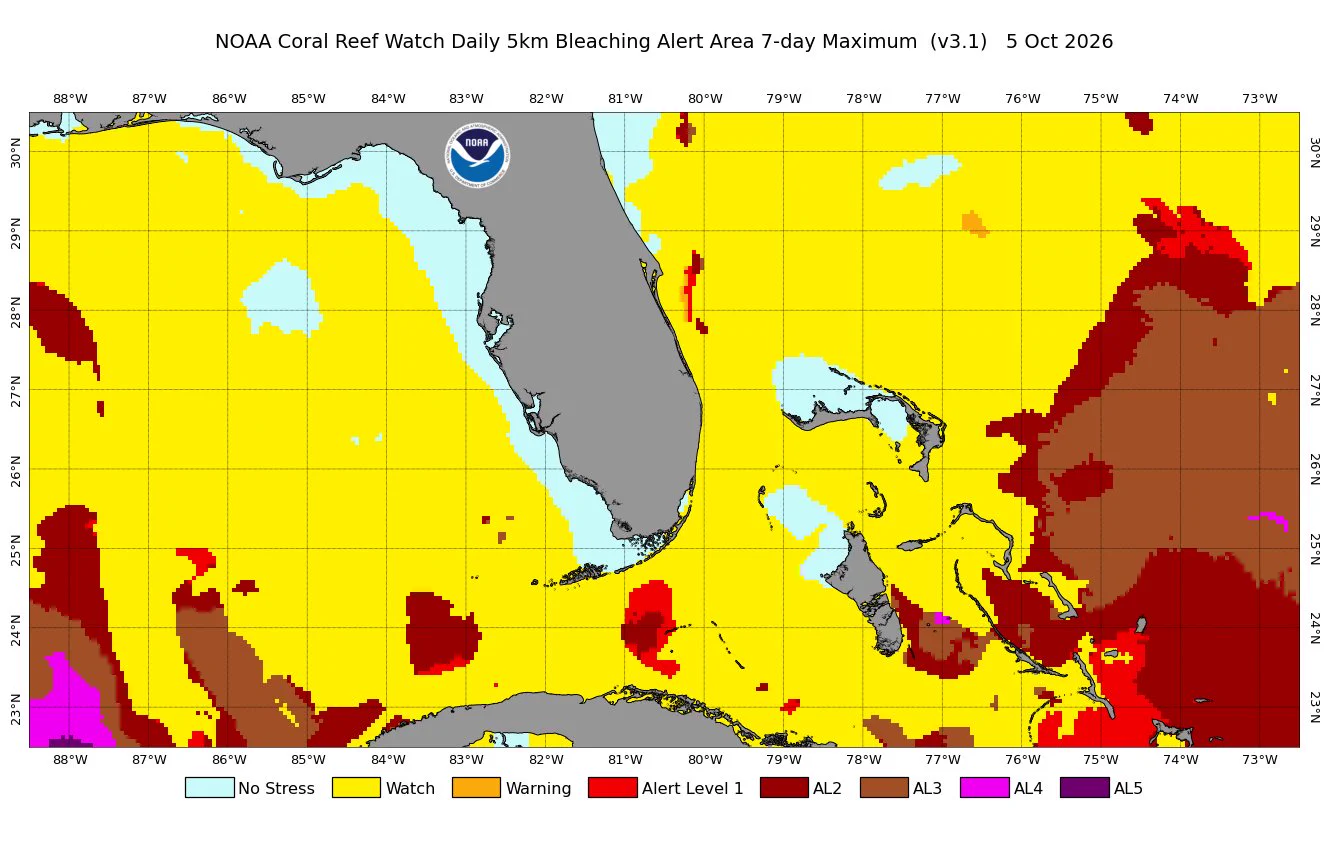 A map of Florida with the ocean areas colored from blue (no stress) to yellow (coral bleaching watch) to some areas of red (coral bleaching alert level 1 and 2).