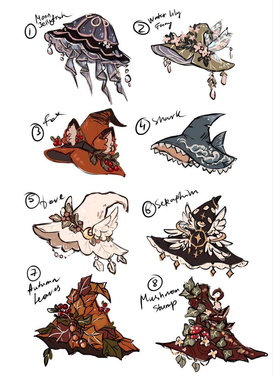NyahalloShop's tweet photo. Witch hats interest check!

Each hat has its own lil theme, from Moon Jellyfish and Water Lily Fairy to Fox, Shark, Dove, Seraphim, Autumn Leaves, and Mushroom Stump. We wanted to make each hat as whimsical and fantastical as we possibly could!!

QOTD: Which witch hat is YOUR fave? You can pick multiple!! This feedback is very important so we know which style(s) to release and which to not!! 🫶