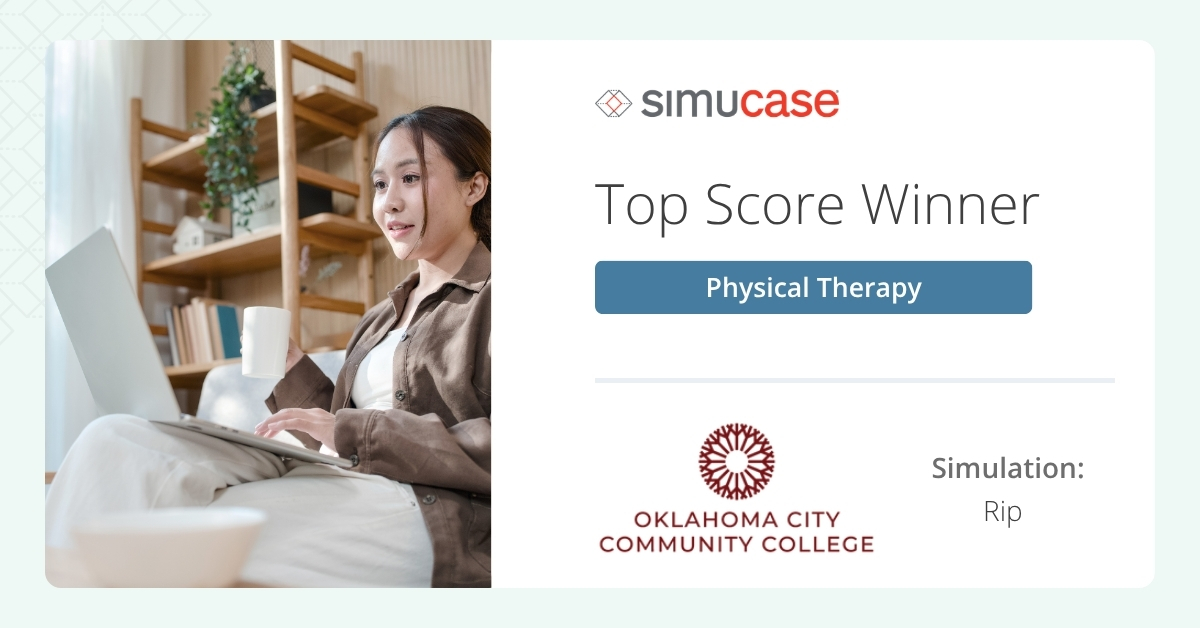 Simucase's tweet photo. Congratulations from the Simucase team to @OTripleC and their physical therapy assistant program, the top score winner for our PT simulations this week on #simucase! GO #FuturePTAs #ptstudent #pta2b https://t.co/sK0SaQtp3l