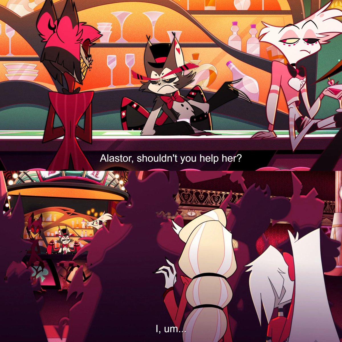 Honeystoria's tweet photo. Sorry, but this whole “Charlie is bad for not running to check on Alastor!” discourse is so ridiculous. At the beginning of the season, he was smiling, enjoying seeing her struggle. She isn’t evil for running to the one who risked their life, AND lost a limb. https://t.co/7h3iXN1hKr