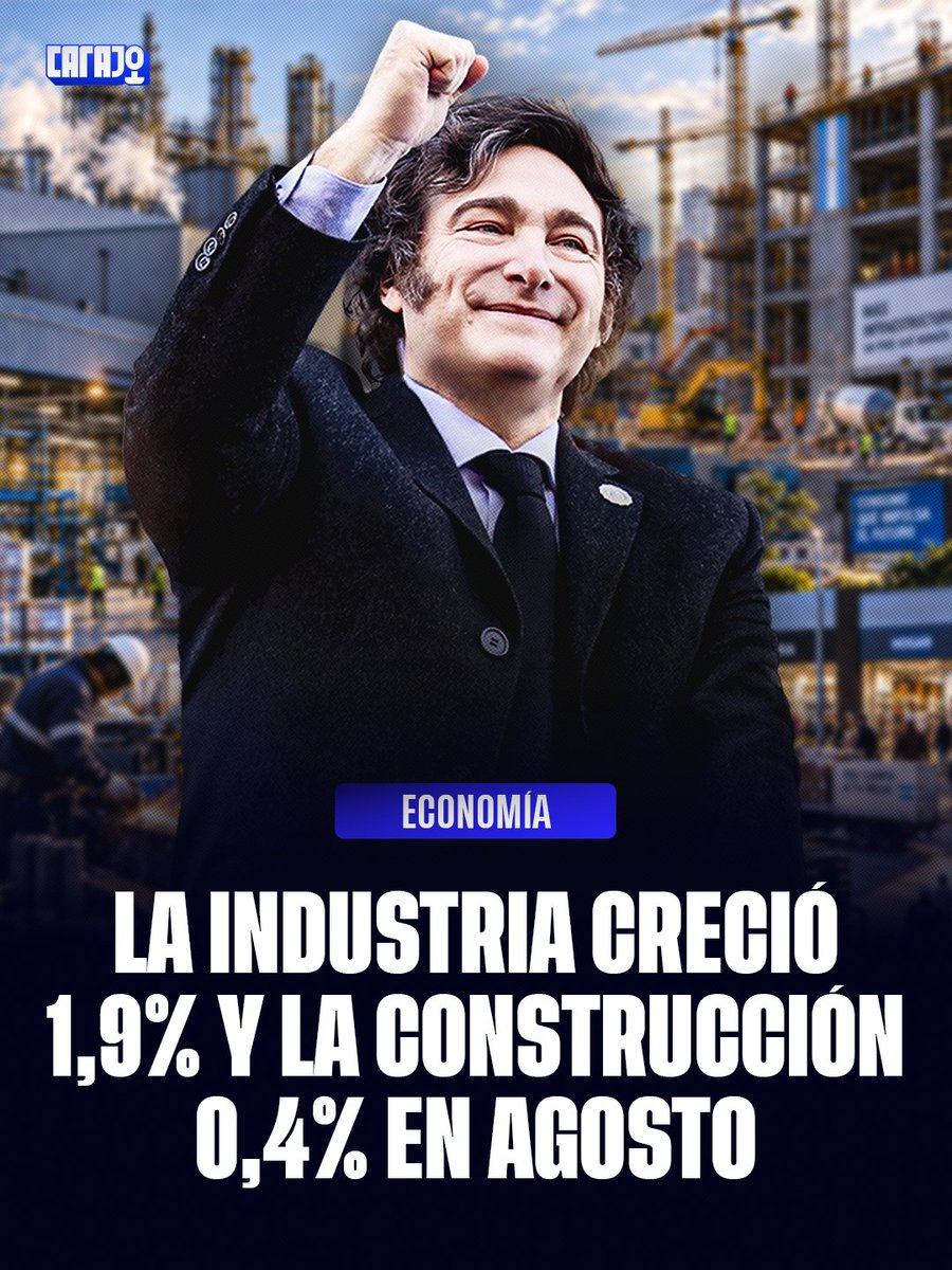 CarajoStream's tweet photo. LA ACTIVIDAD PRODUCTIVA VOLVIÓ A CRECER 🇦🇷📈

En agosto, la industria avanzó 1,9% y la construcción 0,4% respecto de julio. Ambos sectores registraron una mejora mensual desestacionalizada, informado por el INDEC. https://t.co/lmtInL3sPH
