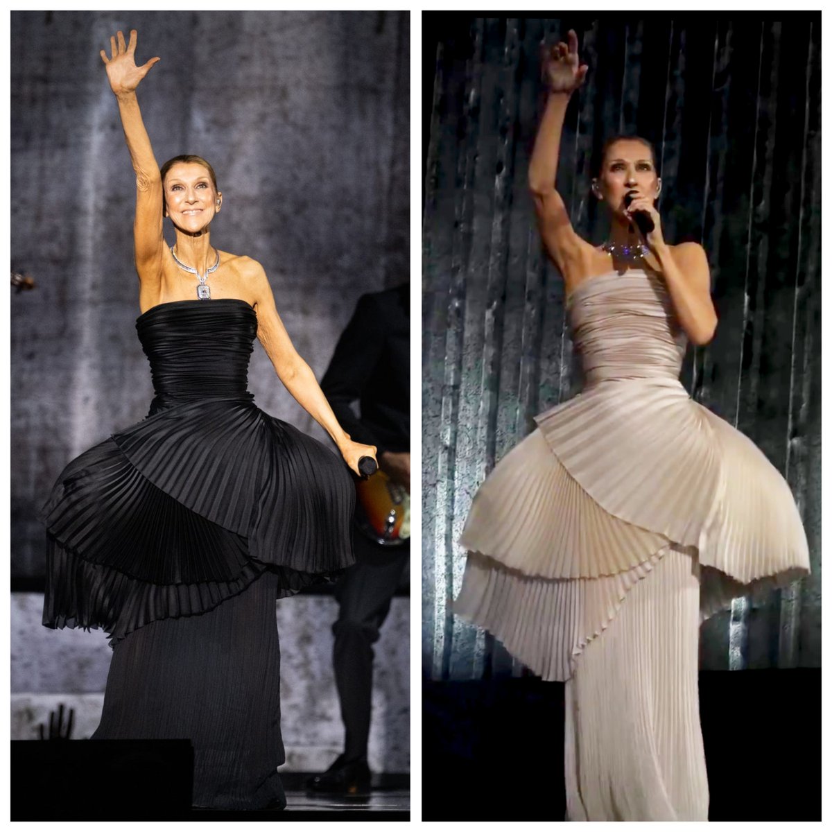 CelineDionPHL's tweet photo. 🚨 "Where it was dark, now there's light."

Celine Dion trades her black Dior gown for an exact copy but in beige/off-white. https://t.co/agCE2XYZSb