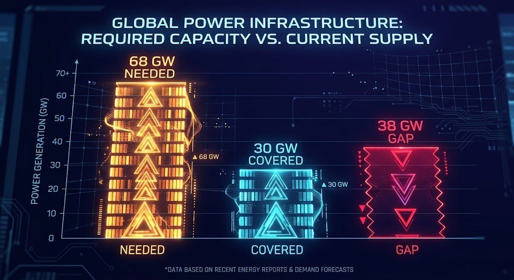 botua7's tweet photo. Everyone tracked the chips.

Almost nobody tracked the power.

6 bottlenecks decide how fast AI scales. Chips are only one.

1/6 Electricity. Morgan Stanley estimates US data centers need ~68 GW of new power in 2026–2028. Current projects cover ~30 GW.

The gap: ~38 GW. https://t.co/nOuCvWE64M