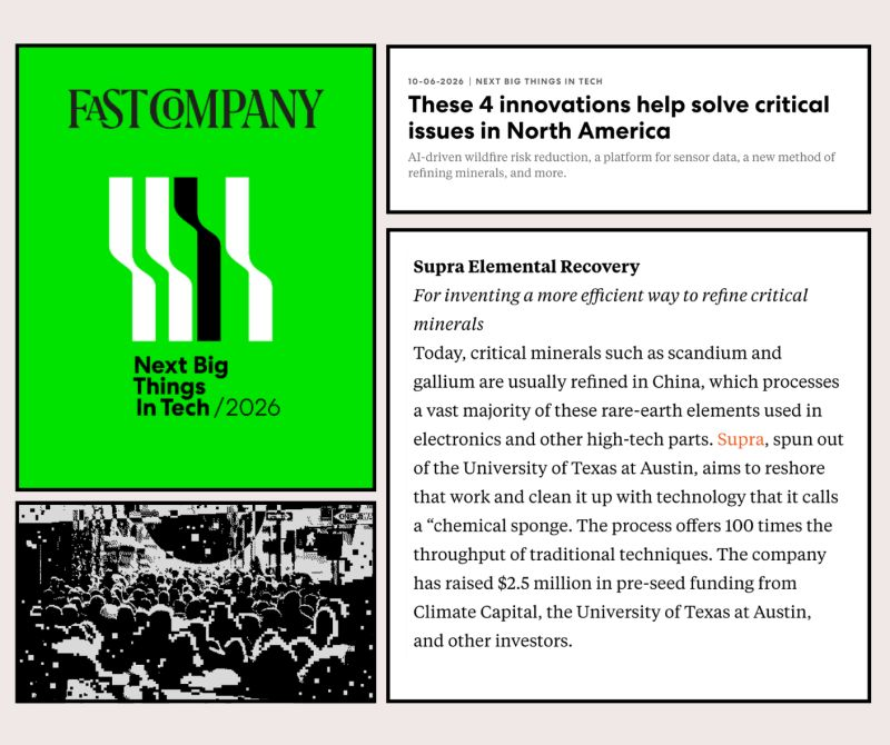 supra_elemental's tweet photo. Exciting day! We are proud to be named one of four companies on Fast Company's Next Big Things in Tech list for North America. 

It's refreshing to see breakthrough technology in critical minerals recovery highlighted, great validation for this emerging ecosystem of companies. https://t.co/sr9wXamKfu
