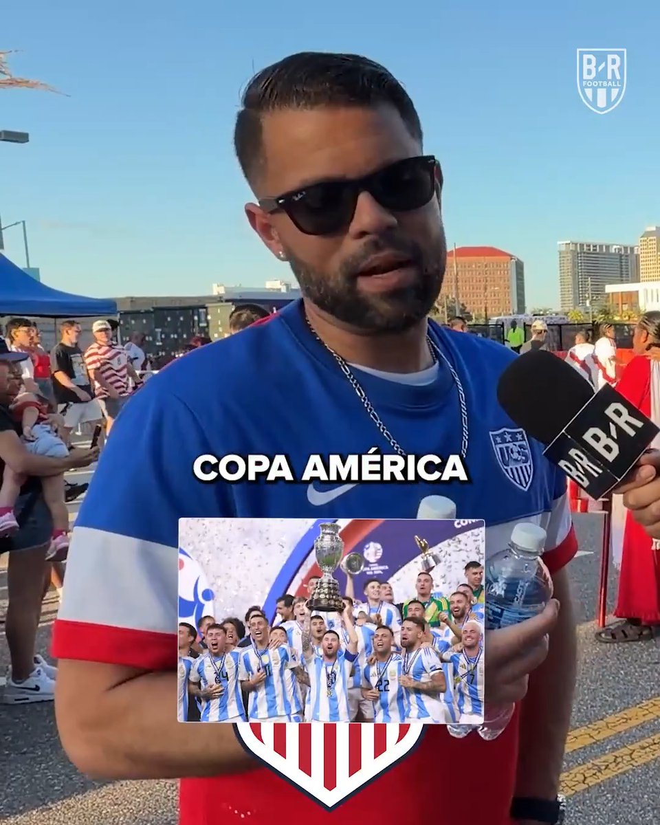 A man wearing sunglasses and a US Soccer jersey is interviewed by B/R Football (Bleacher Report) at what appears to be an outdoor fan event, with an overlaid image showing Argentina's Copa América victory celebration and the text "COPA AMÉRICA" displayed prominently, contextualizing the "USMNT hot takes" discussion likely centered on Argentina's recent tournament win.