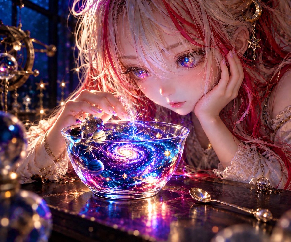 mormogtarou's tweet photo. AI illustration🪐good morning💫

宇宙、ひとつください。🌌

小さなガラスの器を覗いたら、
そこには星も、惑星も、銀河もあった。

こんなに広い世界なのに、
手を伸ばせば届きそう。

……ところでこれ、
スプーンですくっても大丈夫？🥄✨ https://t.co/PKPKVuykpH