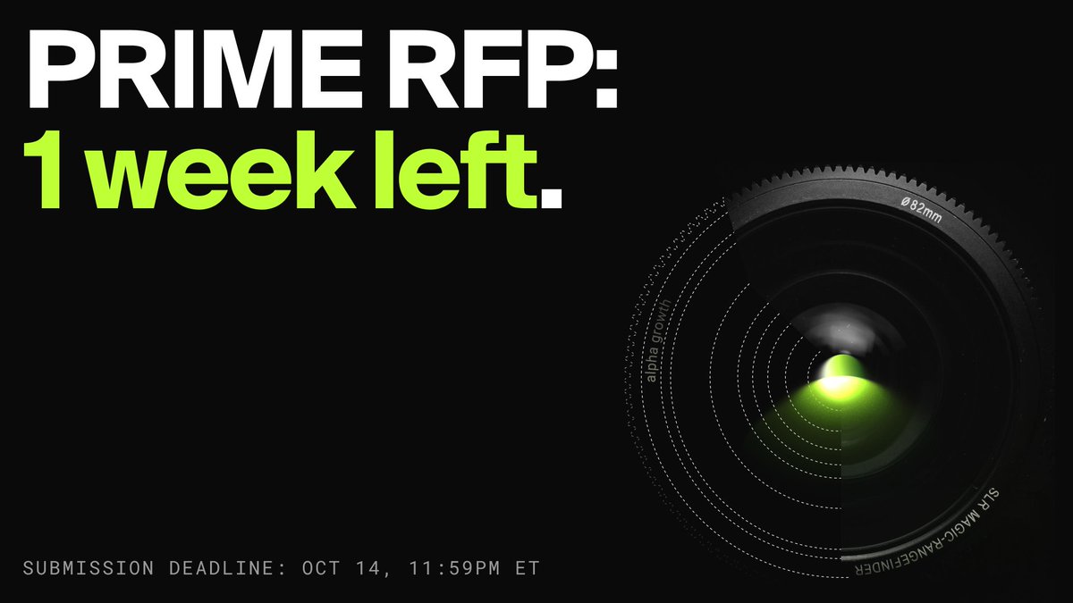 Cardano_Prime's tweet photo. One week left to submit to the PRIME RFP.

The deadline is Oct 14 at 11:59pm ET.

Thank you to everyone who has applied so far, including the many new submissions we’ve received recently.

We’re actively reviewing all submissions as they come in. https://t.co/B7FilQ0OF4