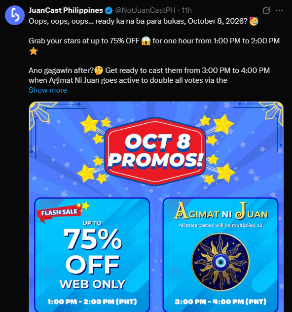 haru_sohma1's tweet photo. Sa mga gusto po ulit magvote for our best leader, may 75% OFF from 1:00 PM to 2:00 PM and 3:00 PM to 4:00 PM for Agimat Ni Juan that double all votes https://t.co/IAwWV6D0sC