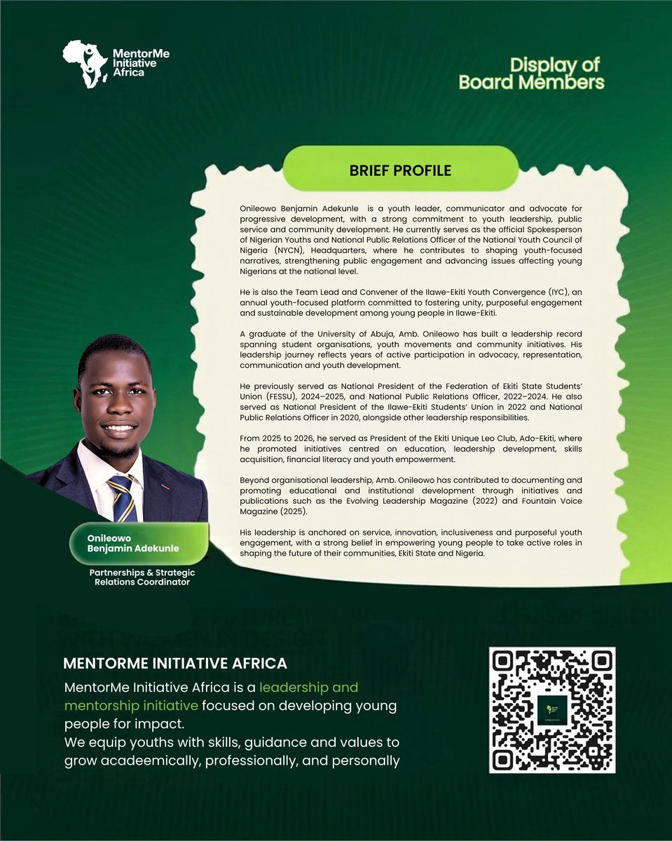 MMIAFRICA's tweet photo. MEET 𝐎𝐍𝐈𝐋𝐄𝐎𝐖𝐎 𝐁𝐄𝐍𝐉𝐀𝐌𝐈𝐍 𝐀𝐃𝐄𝐊𝐔𝐍𝐋𝐄

We are pleased to introduce 𝐎𝐧𝐢𝐥𝐞𝐨𝐰𝐨 𝐁𝐞𝐧𝐣𝐚𝐦𝐢𝐧 𝐀𝐝𝐞𝐤𝐮𝐧𝐥𝐞, who serves as our 𝐏𝐚𝐫𝐭𝐧𝐞𝐫𝐬𝐡𝐢𝐩𝐬 &amp; 𝐒𝐭𝐫𝐚𝐭𝐞𝐠𝐢𝐜 𝐑𝐞𝐥𝐚𝐭𝐢𝐨𝐧𝐬 𝐂𝐨𝐨𝐫𝐝𝐢𝐧𝐚𝐭𝐨𝐫.

Mentoring Minds. Shaping Futures. https://t.co/ExfYfyyi6R