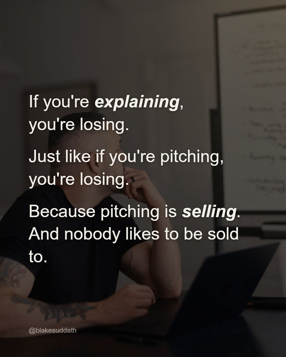 Blakeman's tweet photo. If you're explaining, you're losing.

Most recruiting appointments die the second you start listing splits and tools.

Ask one thing instead. What are you trying to accomplish?

Then be quiet.

https://t.co/saUHoc2VGu https://t.co/HsZu73ERHI