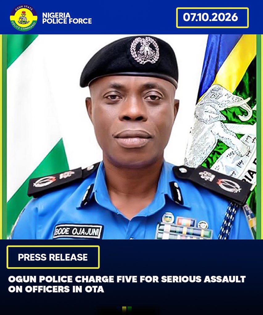 OgunPoliceNG's tweet photo. PRESS RELEASE

OGUN POLICE CHARGE FIVE FOR SERIOUS ASSAULT ON OFFICERS IN OTA

The Ogun State Police Command has charged five suspects before the Ota Magistrate Court following an investigation into the serious assault and obstruction of police officers performing their lawful duties around The Bells area, Iyana-Iyesi, Ota, on 2 October 2026.

The incident occurred when a police patrol team intercepted and arrested a suspect found in possession of a large quantity of substances suspected to be Indian hemp. While conveying the handcuffed suspect to the station, the officers were allegedly ambushed by a group of persons who attacked them with cutlasses, stones and bottles, resulting in injuries to police personnel, damage to the operational vehicle and the escape of the suspect.

Following immediate intelligence-led operations, the Ogun State Police Command arrested five suspects: Morenikeji Badmus, 36; Adedoja Segun, 40; Jeremiah Odise Ugbede Onride, 49; Mike Stephen, 28; and David Odeh, 32. They were arraigned on counts bordering on conspiracy, serious assault on police officers, obstruction of lawful duty and conduct likely to cause a breach of peace, while efforts are ongoing to apprehend other fleeing suspects.

The Commissioner of Police, Ogun State Command, CP Bode Ojajuni, psc, FCSS, MNIPR, reiterates that the safety of police officers performing lawful duties remains a priority of the Command. Members of the public are urged to refrain from physical confrontation with law enforcement personnel and channel grievances through established lawful channels.

DSP OLUSEYI B. BABASEYI, anipr
POLICE PUBLIC RELATIONS OFFICER 
OGUN STATE COMMAND
ELEWERAN, ABEOKUTA, OGUN STATE

7TH OCTOBER, 2026