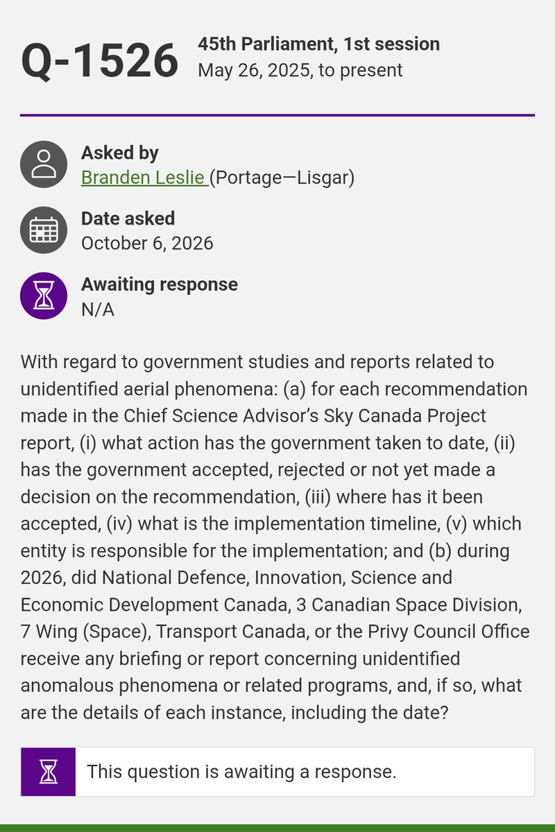 dsotis's tweet photo. Conservative 🇨🇦 Member of Parliament @BrandenCPC is demanding UAP answers from Ottawa. The government has 45 days to respond to this "Order Paper Question" on UFO briefings and the @ChiefSciCan's Sky Canada Project report 👉 https://t.co/uIWuiclrEm 🍁❓🔍 https://t.co/Xb2Bd1AByh