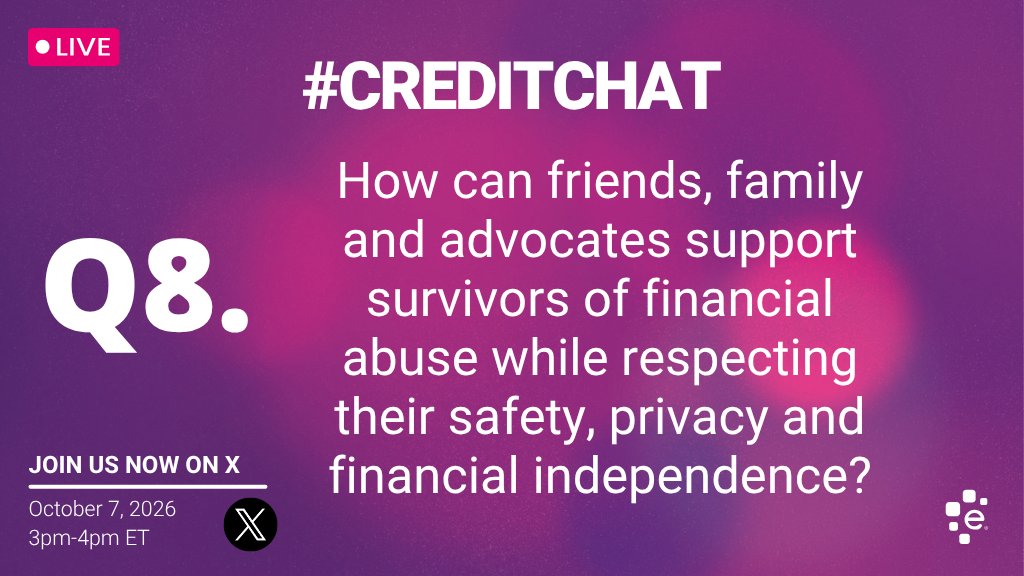 Experian's tweet photo. Q8. How can friends, family and advocates support survivors of financial abuse while respecting their safety, privacy and financial independence? #CreditChat https://t.co/kBDePy7qjo