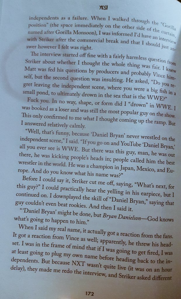 WrestleClips's tweet photo. Daniel Bryan's story of an interview he had with Matt Striker. This was right after he got eliminated from NXT. Taken from his book "Yes!: My Improbable Journey to the Main Event of WrestleMania" https://t.co/KWZmh1fztX