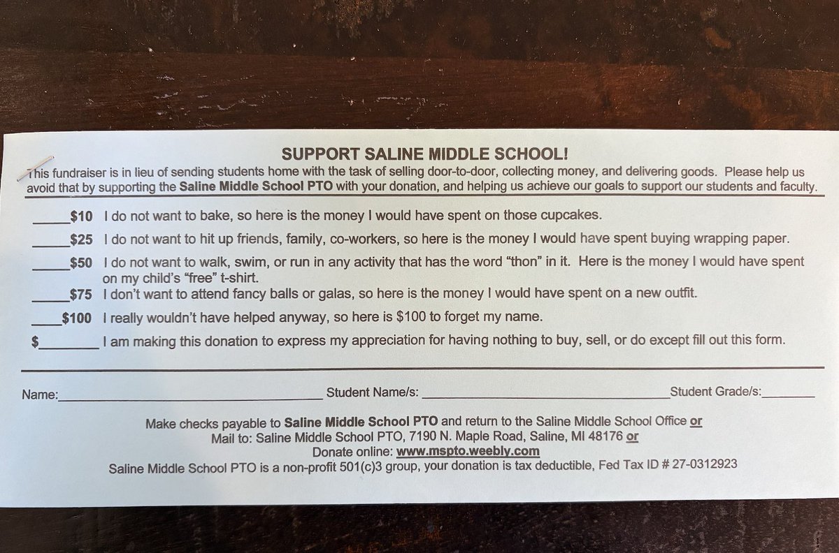 DanReese21's tweet photo. My daughter's middle school has the most direct fundraising strategy and I'm here for it. 

We can skip the whole charade. https://t.co/jehlR8ofOb