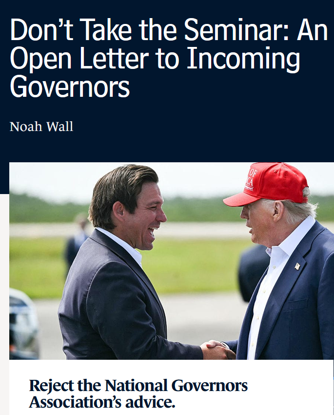 RedStatesLead's tweet photo. When a governor wins election the first group to call is the National Governor's Association.

"They will offer a seminar, a binder, and a roster of former governors prepared to explain why you should slow down."

This is how the NGA turns candidates who ran on reform into protectors of the status quo.