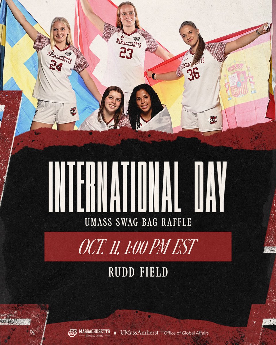 UMassWSoccer's tweet photo. We're celebrating International Day on Sunday in collaboration with @umassabroad! 

Join us at 1 p.m. at Rudd Field and enter to win a UMass Swag Bag!

Fans wearing any international sports jersey will earn additional entries into our raffle!

#Flagship 🚩 https://t.co/G6GT3KYbie