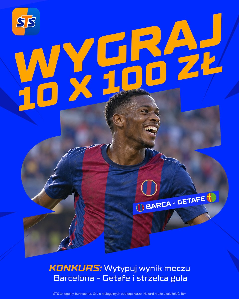 stspolska's tweet photo. VAMOS! 🔥 Konkurs rusza, a to zasady:
👉Zaobserwuj profil STS, polub i podaj dalej ten post
👉Wytypuj wynik i strzelca meczu Barca-Getafe
👉Dodaj #LiczySięBardziej
👉Typuj do 18:30
💸Nagrody: 10x100pln bonus

Regulamin: https://t.co/AIrc8AcP6v https://t.co/yTshNMoLPV