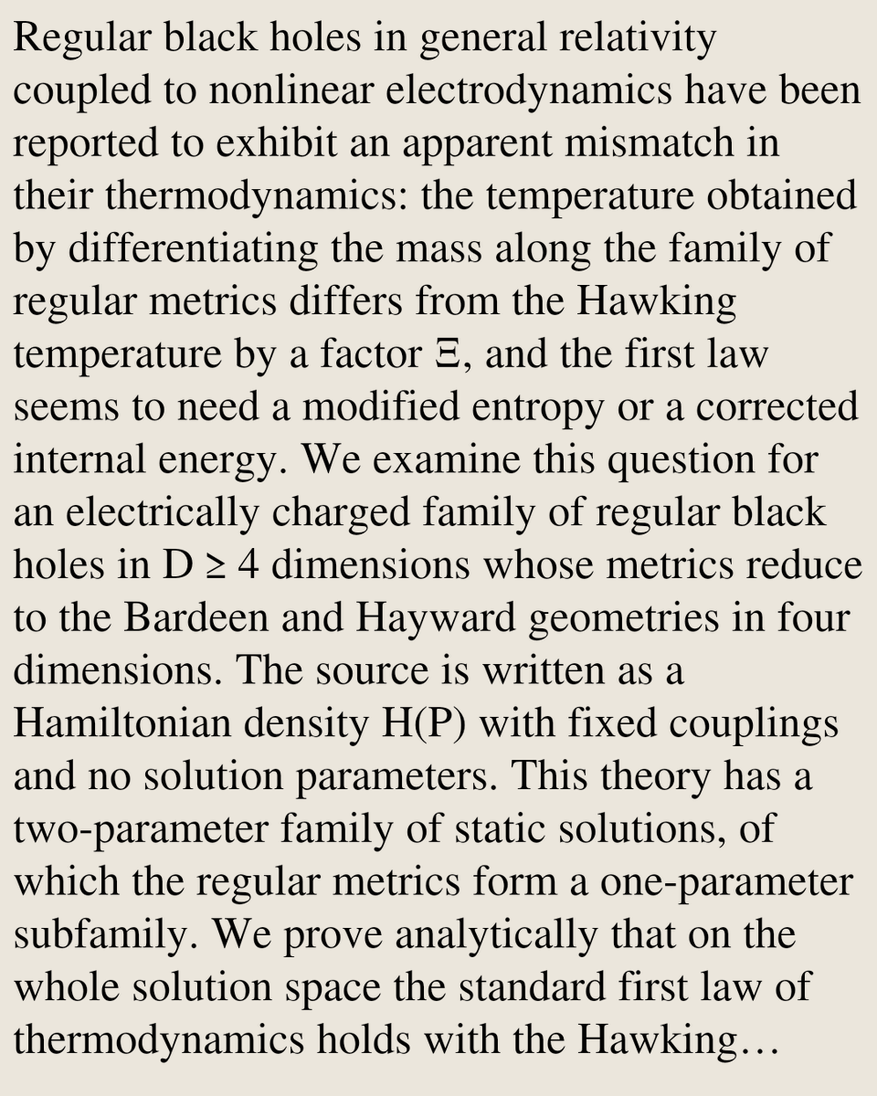RelativityPaper's tweet photo. Regular black holes do not violate the first law of thermodynamics

Bobir Toshmatov, Bobomurat Ahmedov, Nozima Isamadinova, Chengxun Yuan
https://t.co/0g12lqZ3EP [𝚐𝚛-𝚚𝚌 𝚑𝚎𝚙-𝚝𝚑] https://t.co/USetDuS3B6