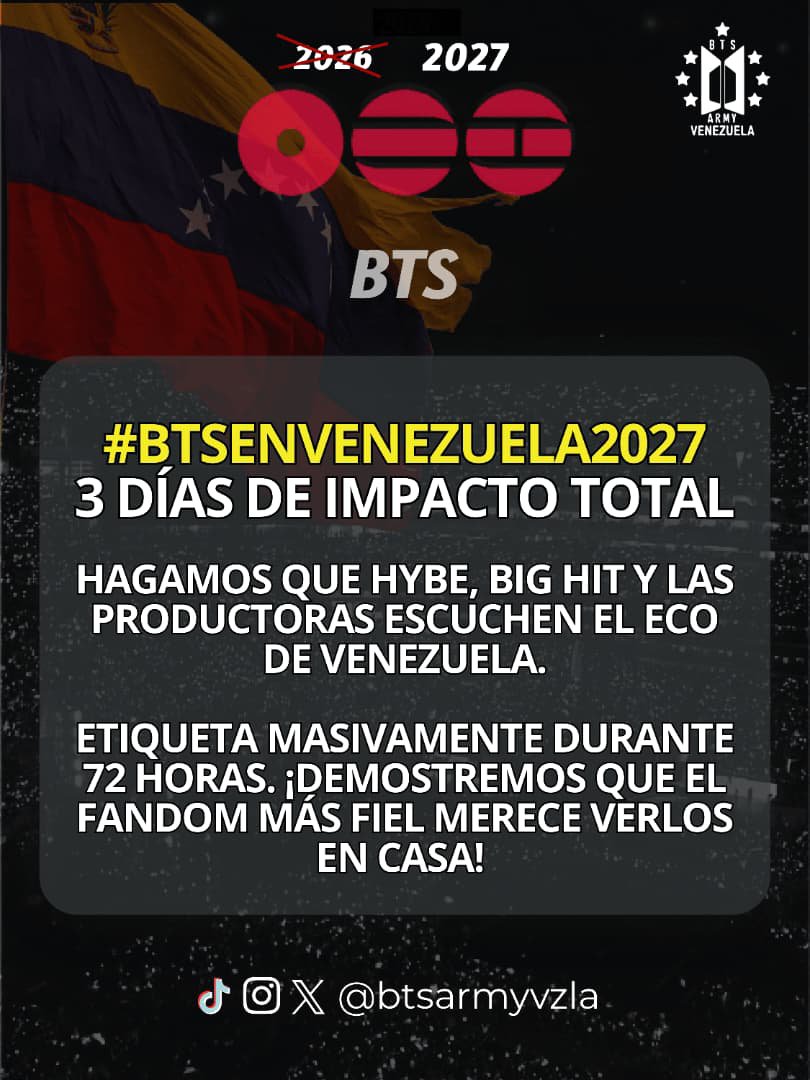 BTSarmyvzla's tweet photo. ¿Estás preparad@? El momento de Venezuela ha llegado 🇻🇪💜

La espera, el amor incondicional y el eco de miles de corazones no se pueden ignorar. El fandom más fiel está a punto de demostrar de qué estamos hechos. 
#BTSenVenezuela2027 #ARIRANG_Tour #BTSVenezuela @BTSarmyvzla https://t.co/tztgIvJHsE