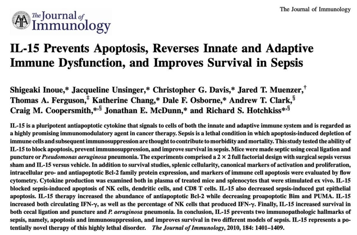 DrPatrick's tweet photo. So exciting that European clinicians have insights into the immunotherapy approach to address sepsis.  

Sepsis affects 50 million people worldwide. Met with the leadership of ImmunoSEP https://t.co/wHjiz0VqQn and exchanging information to explore a sepsis trial in Europe. 

ALC matters. 

IL-15 improves survival as presented in this 2010 paper by Dr. Richard Hotchkiss.