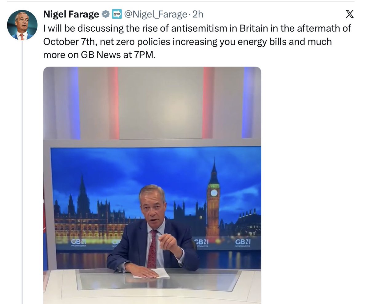 BrexitBuster's tweet photo. NB. Nigel ‘NF’ Farage has been a blatant and unrepentant peddler of anti-Semitic smears and tropes his entire adult life, prejudices he has had since his schooldays. He lets the mask slip for his white suprematist audience over in the USA. He is in no position to lecture anyone. https://t.co/uB3ctwii1n