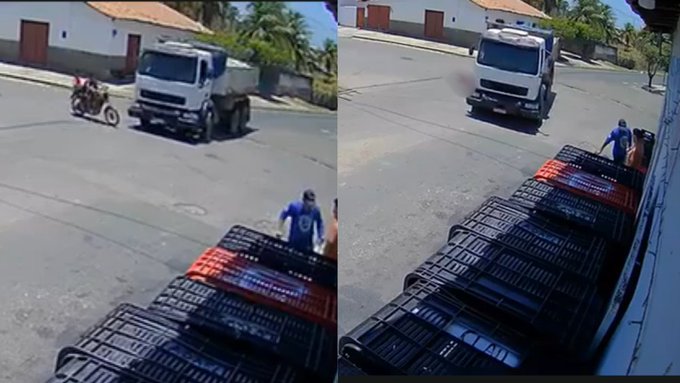 Two side-by-side surveillance-style frames show a street scene with a dump truck, a motorcyclist, a pedestrian in a blue shirt, and stacked crates of bottles in the foreground.