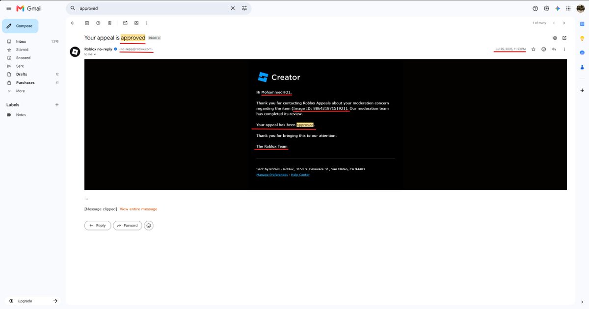 Prixle02's tweet photo. My Account was terminated TWICE for an asset that was APPROVED

My Roblox account(MohammedHO1) was permanently banned on June 30th, 2025, due to an asset. On July 25th, 2026, the asset was approved, and the violation was removed.  Later, on June 18th, 2026, the account was permanently banned again for the same asset ID (88642187151921)  that was initially approved.

This is a crazy false positive and a double jeopardy, ive also faced inconsistencies on the ban reason as it changed multiple times.

I even have the right to access proving i was deleted twice. It also states that I allegedly violated the rules on July 25th, 2025, even though the account was banned at the time. 

Also, no content of the asset was provided so it just made it much harder to appeal.

i ask roblox to look through this technical error as support themselves couldn't assist me despite the blatanty of the false positive.

@Roblox  @Roblox_RTC  @nicktornow @RobloxCreators