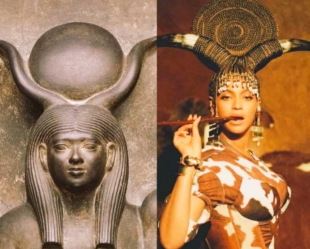 historical_Afr's tweet photo. While some accused Beyonce of devil worshipping and are now using this image of ‘devıl horns’ as apparent proof, we’ve chosen to highlight the ıgnored solar disk, which changes the course of homage completely.

Considering the obvious disk placed between both horns, this bears a closer resemblance to our ancient Goddess HetHeru𓉡𓁥: The Sudanese/Nubian Goddess of fertility, song, music and dance.

Her statue (pictured above) is one of the schist triad statues of King MenkauRa, from the “Valley Temple” next to His Giza Pyramid, 2551-2523 BCE.

It now resides, after being stoIen (trust that we WILL bring Her back), in the Museum of Fine Arts in Boston, USA.

The cattle horns (see leotard) reminded the Nile Valley people of the white crescent 🌙 moon, glory and power. According to Pharaonic philosophies, the moon didn’t generate its own light. Rather, it captured the light from the sun and reflected it back to us at night. Hence the ‘moon’ (the cattle horns) essentially carrying the light of the sun. Thus giving our moon goddess the title ‘Het’ (mansion) of ‘Heru’ (light). See our previous posts for more context.

The crescent cow horns - with a central sun disk - would become HetHeru’s fundamental symbol. We believe this is closer to Beyonce’s commemorating, and should be understood as separate to any negativity. MichaelJackson, StevieWonder, Prince, Sudan Archives, ChristianDior and many other creatives of our time have paid a similar homage.

Ever wondered why we call it a moon today? You can look to the sound of a cow, for that answer. Indeed, all the origins are right here✨

*NOTE: If this is Beyonce’s pure acknowledgment of our history, then we applaud her recent appreciation of it. If however, this is some kind of cover-up for something deeply sinister (please research her apparent association with Epstein, as well as other alleged links to satanısm) then this is truly, insuItingly disgusting.

The purpose of sharing this information is to make clear the differentiation. Beyonce aside, the Great Goddess of our Pharaonic past and all her powerful symbology has *nothing* to do with the horrıfic darkness of deviI worshipping.