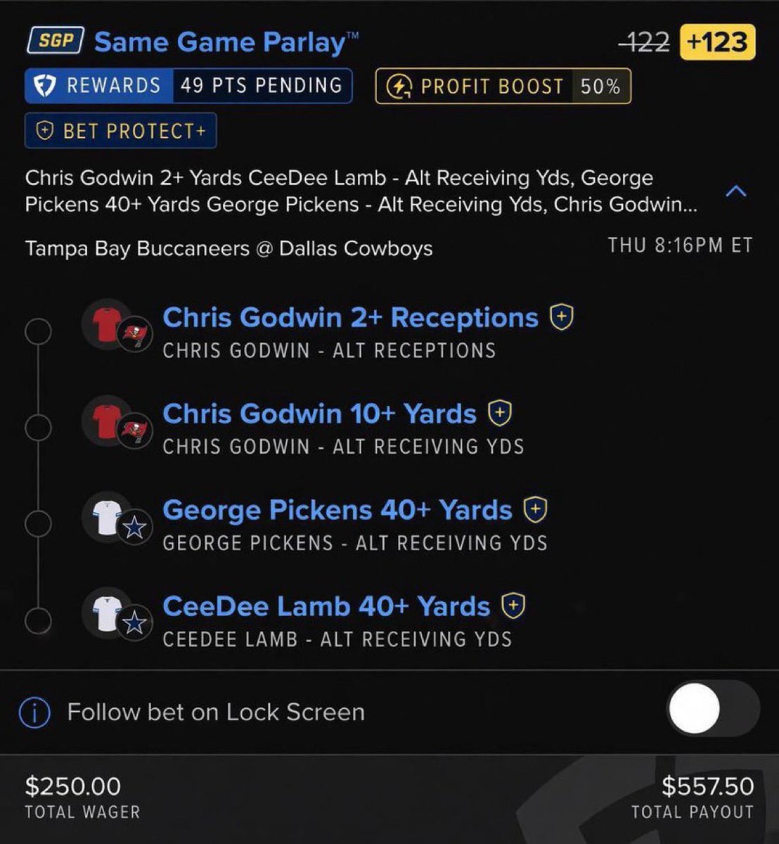 spinbetforeign's tweet photo. Locked CeeDee, Pickens, and both Godwin legs… 

@Playbook https://t.co/gmkUFqLM5Y