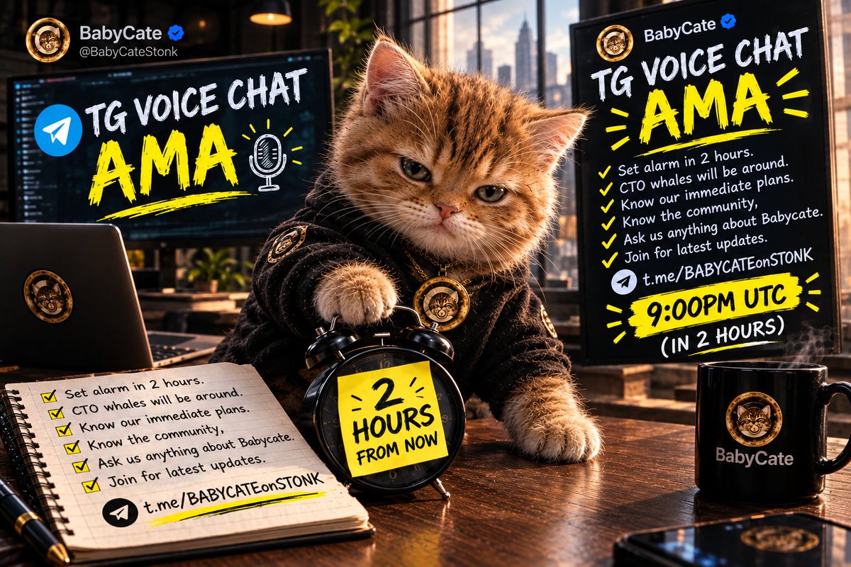 BabyCateOnStonk's tweet photo. TG Voice AMA Time starts at 10:00PM UTC (2 hours from now)     
CTO whales will be around    
Talk about Your Plans to Execute for the Community. Join for latest Updates  https://t.co/tn8436u2yR