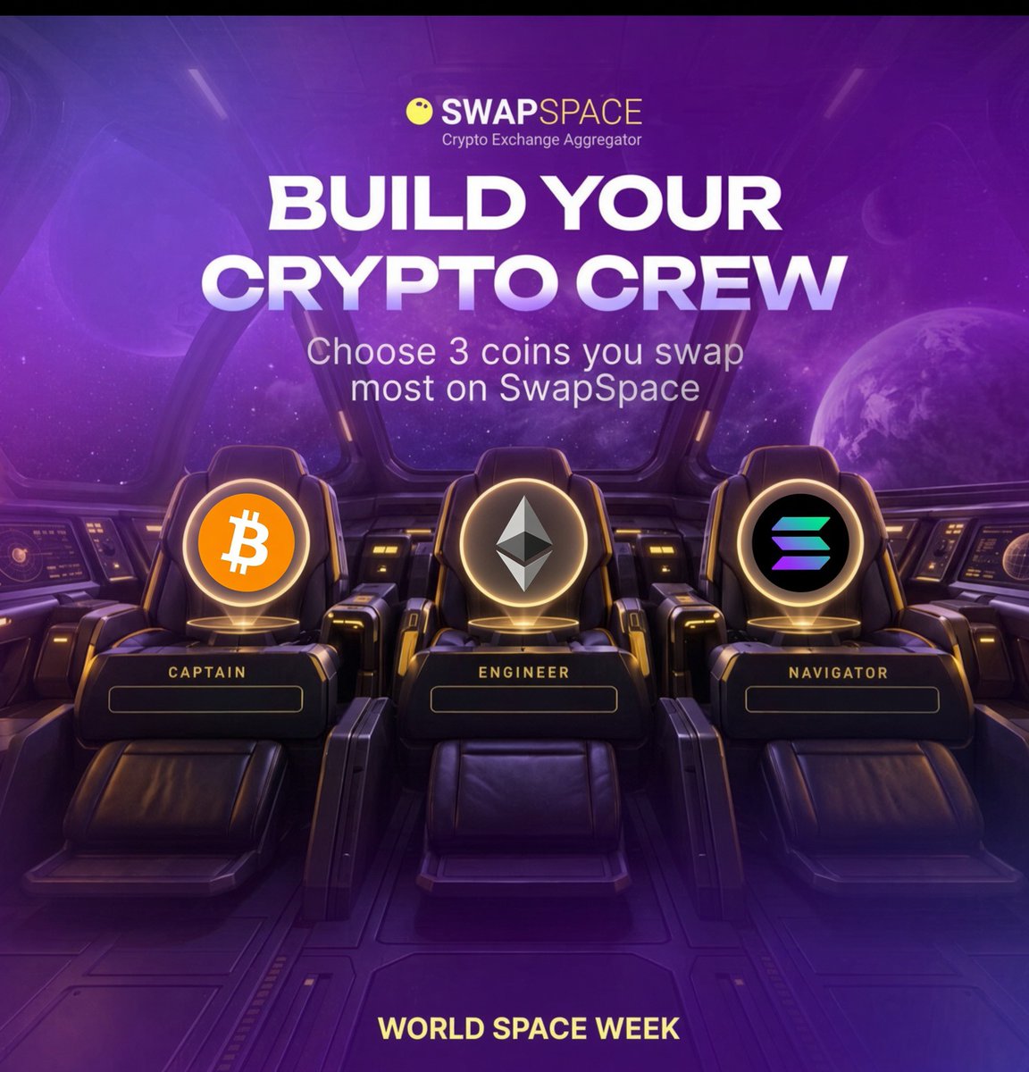 Zayro401's tweet photo. Crew is boarded for World Space Week.
Captain: BTC. Sets the course, everyone else follows the chart.
Engineer: ETH. Keeps the ship running, contracts and all.
Navigator: SOL. Fast lanes when the route gets crowded.
@SwapSpaceCo
#SwapSpaceWeek https://t.co/FV0l8IdxdU
