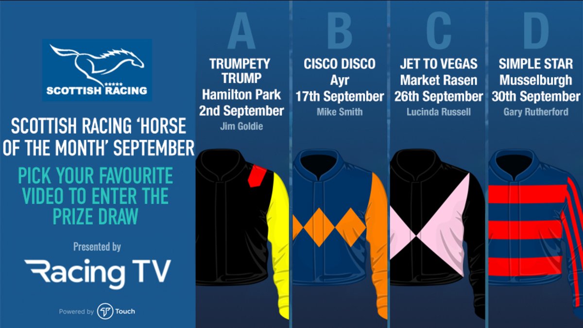 ScottishRacing's tweet photo. Who will get YOUR vote for Scottish Horse of The Month? 👑🏴󠁧󠁢󠁳󠁣󠁴󠁿

Contenders for September Horse of the Month with @RacingTV :

▪️ Trumpety Trump
▪️ Cisco Disco
▪️ Jet To Vegas
▪️ Simple Star

🎟️ Tickets to be won!

Vote ➡️: https://t.co/CwqiY9jIRn https://t.co/pk8zEdncjs